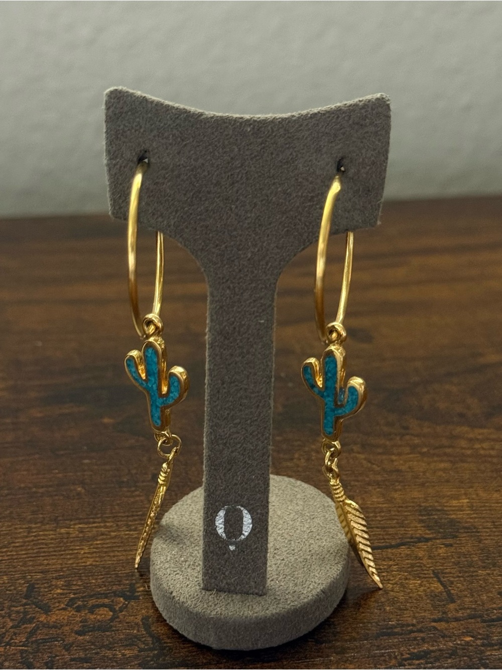 EGC PEWTER ’91 Gold-Plated CACTUS & FEATHER Turquoise Dangle Earrings